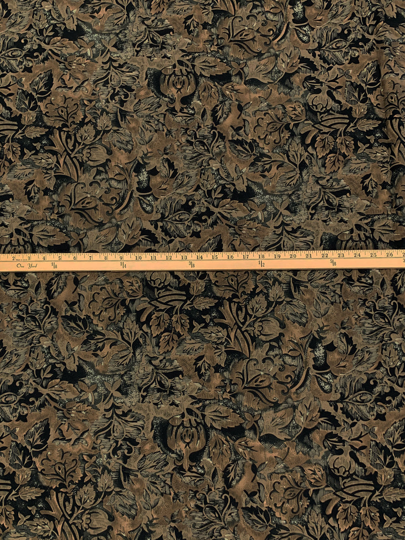 Weathered Oak/Black Rayon/Nylon/Lycra Stylized Abstract Floral Print Stretch Bengaline Suiting - NY Designer - 58W