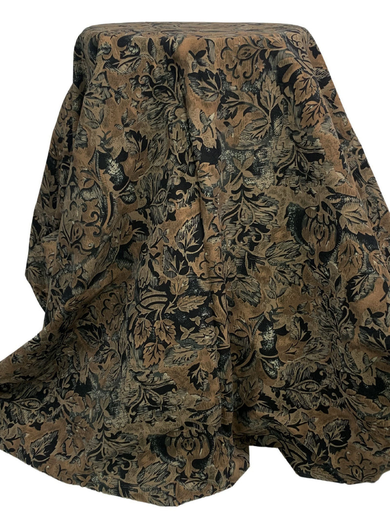 Weathered Oak/Black Rayon/Nylon/Lycra Stylized Abstract Floral Print Stretch Bengaline Suiting - NY Designer - 58W