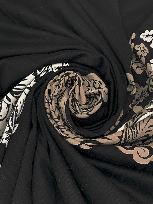 SOLD BY THE PANEL ONLY - Black/Off-White/Taupe Polyester/Lycra Abstract Floral Print Ponte Knit - Famous Dress Designer - 60W