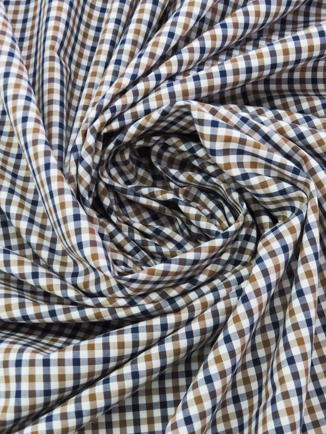 Willow Brown/Navy/White 100% Cotton Small Check Plaid Shirting 56W