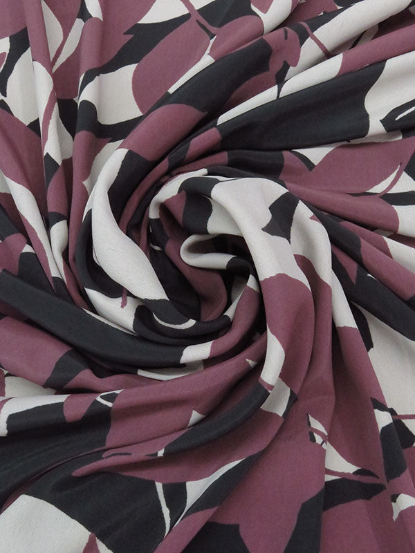 Black/Dark Mulberry/Stone Gray 100% Polyester Floral Leaf Silhouette Print Crepe de Chine - NY Designer - 60W