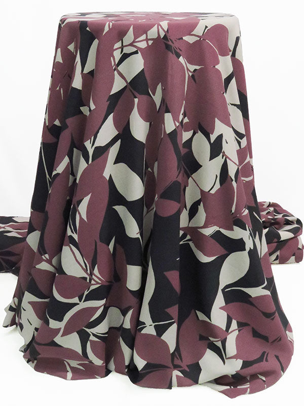 Black/Dark Mulberry/Stone Gray 100% Polyester Floral Leaf Silhouette Print Crepe de Chine - NY Designer - 60W