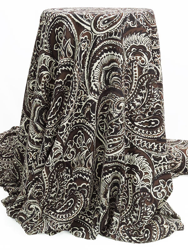 Black/Dark Chocolate Brown/Stone Beige 100% Polyester Paisley Print Crepe de Chine - NY Designer - 60W