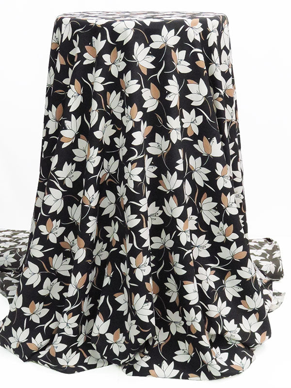 Black/Pale Cement Gray/Sepia Brown 100% Polyester Floral Print Crepe de Chine - NY Designer - 58W