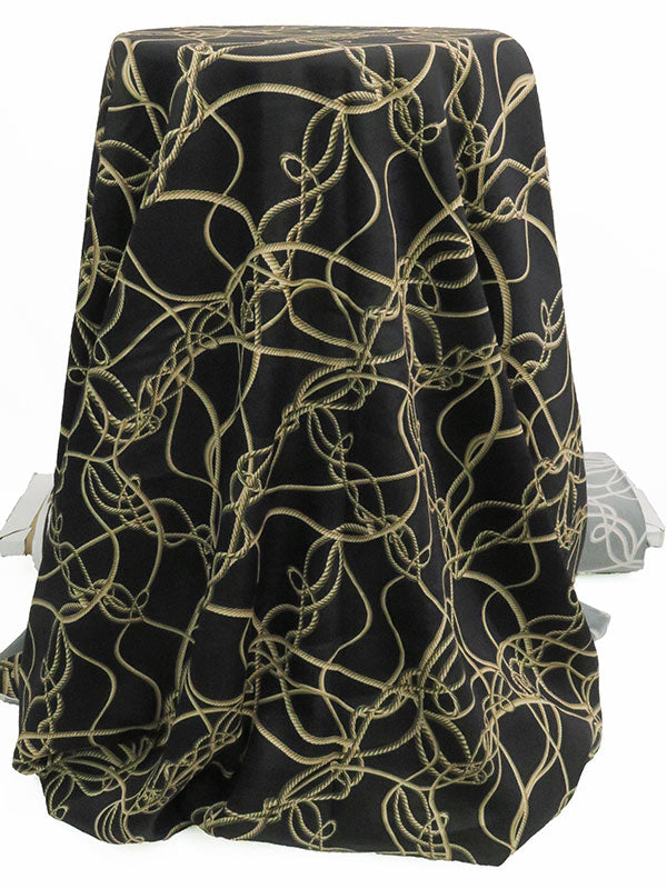 Black/Pale Golden Wheat/White Polyester/Rayon Meandering Rope Print Shirting - NY Designer - 52W