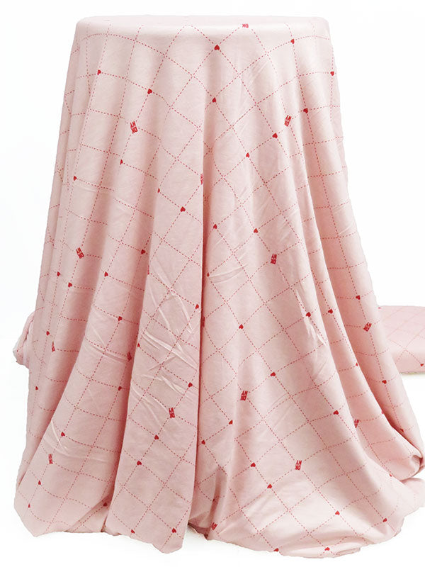 Blush Pink/Bright Cherry Red Rayon/Lycra Dashed Diagonal Grid Heart Print Jersey Knit - DKNY - 60W