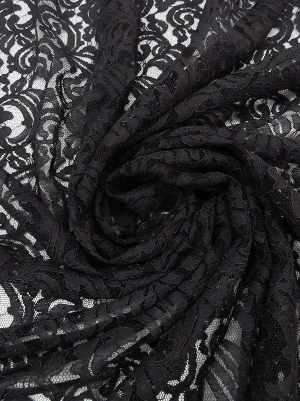 Black 100% Polyester Floral Corded Lace Netting - Famous Dress Designer - 54W