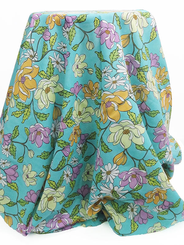 Bright Celeste Blue/Amethyst/Olive/Multi 100% Cotton Floral Print Voile 56W