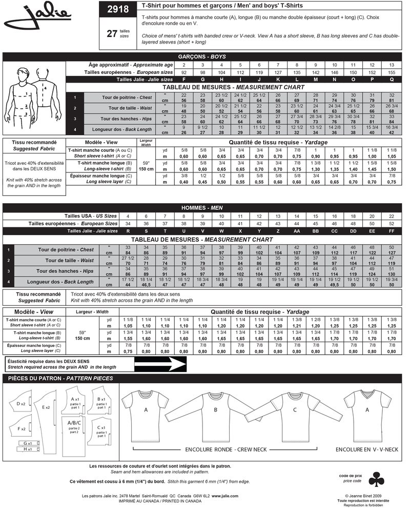 Jalie Patterns - T-Shirts #2918 - Boys/Men Sizes