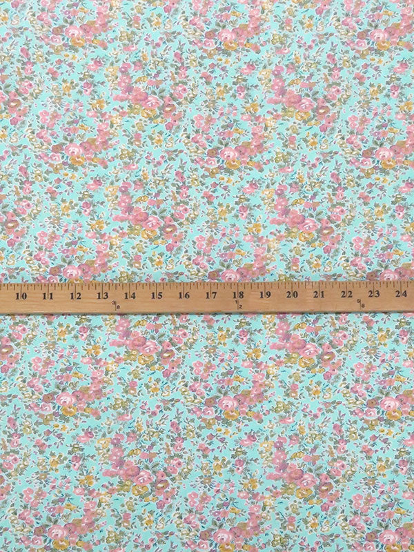 Robin's Egg Blue/Rose Pink/Dark Marigold/Multi 100% Polyester Floral Print Crepe de Chine - NY Designer - 60W