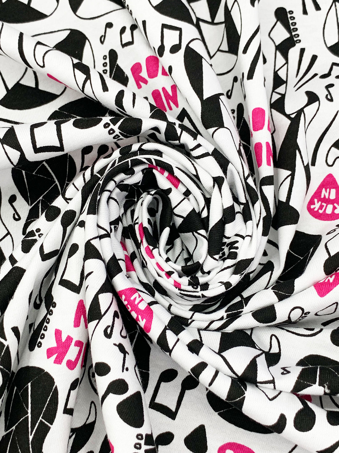 White/Black/Dark Pink 100% Cotton Geometric Guitar Print Jersey Knit 65W