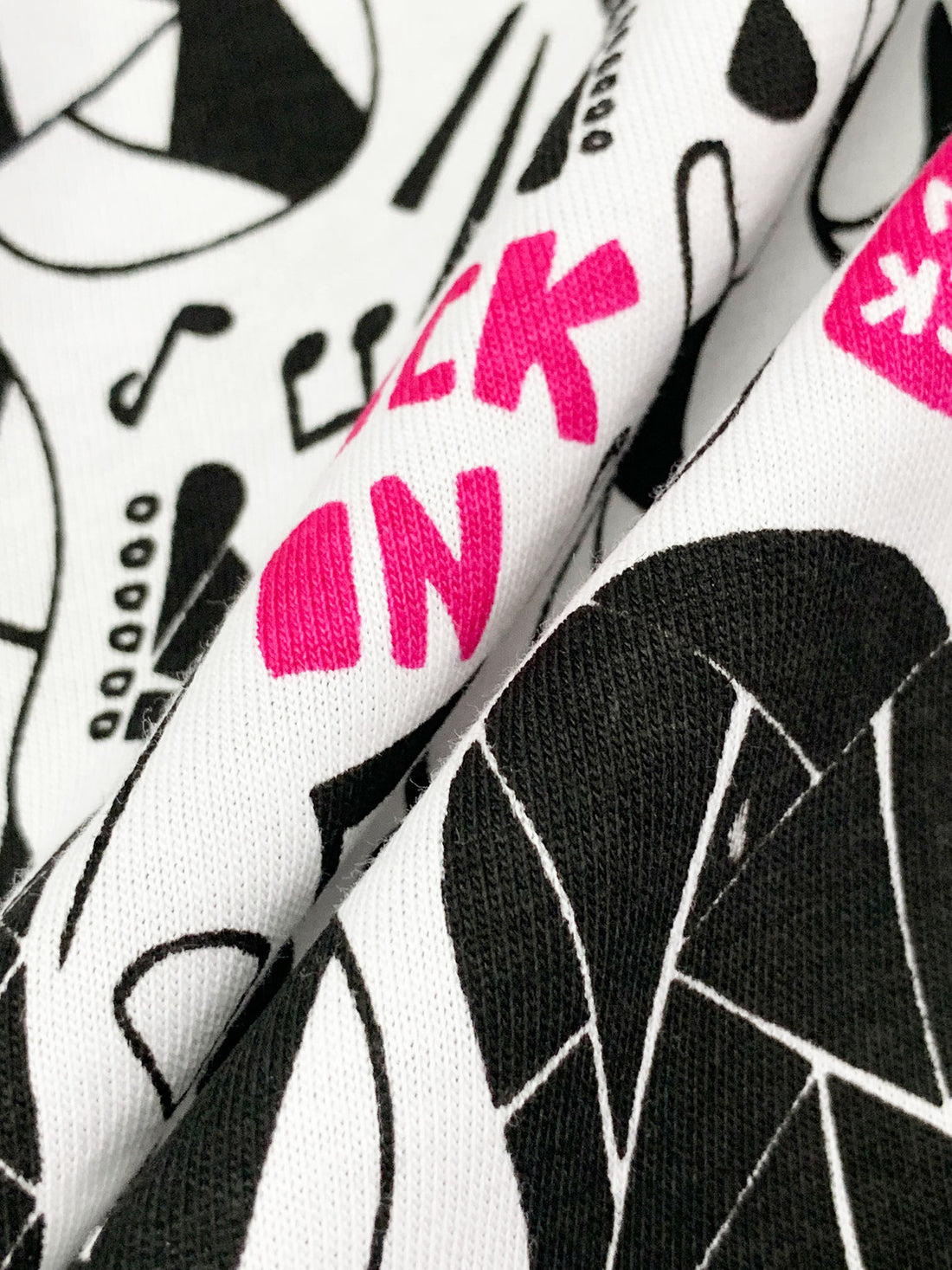 White/Black/Dark Pink 100% Cotton Geometric Guitar Print Jersey Knit 65W