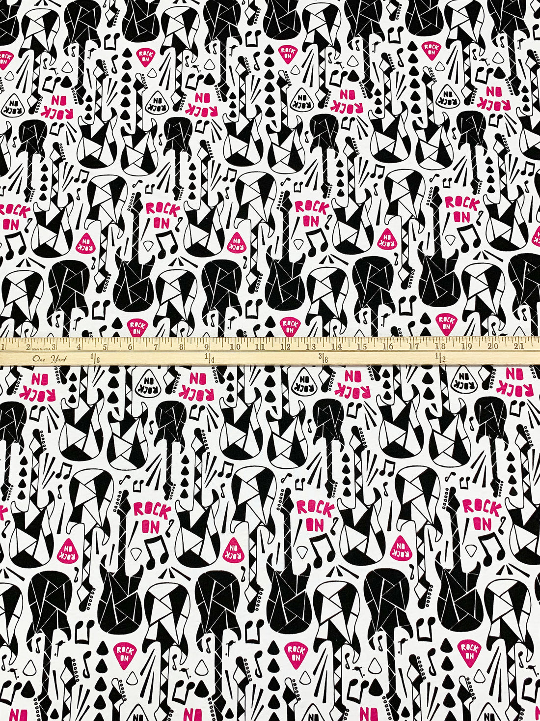 White/Black/Dark Pink 100% Cotton Geometric Guitar Print Jersey Knit 65W