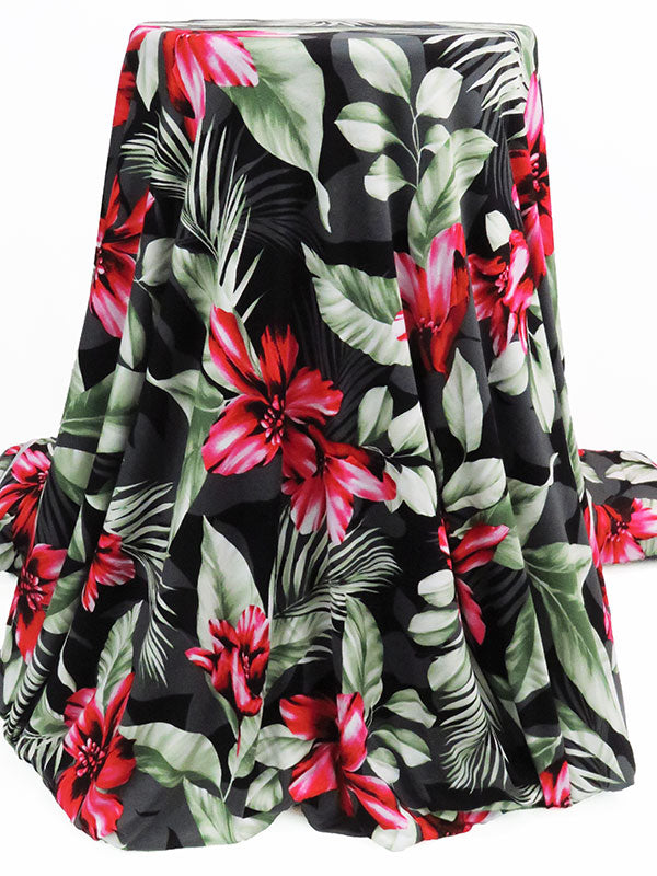 Sage/Rose Red/Black/Multi Rayon/Lycra Tropical Floral Print Jersey Knit - NY Designer - 60W