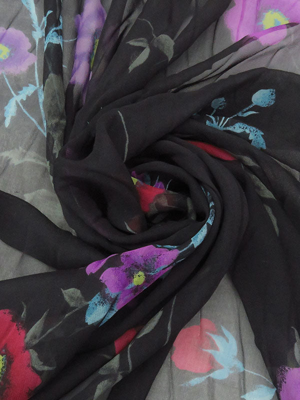 Black/Violet/Muted Cerulean/Multi 100% Silk Floral Print Chiffon - NY Designer - 52W