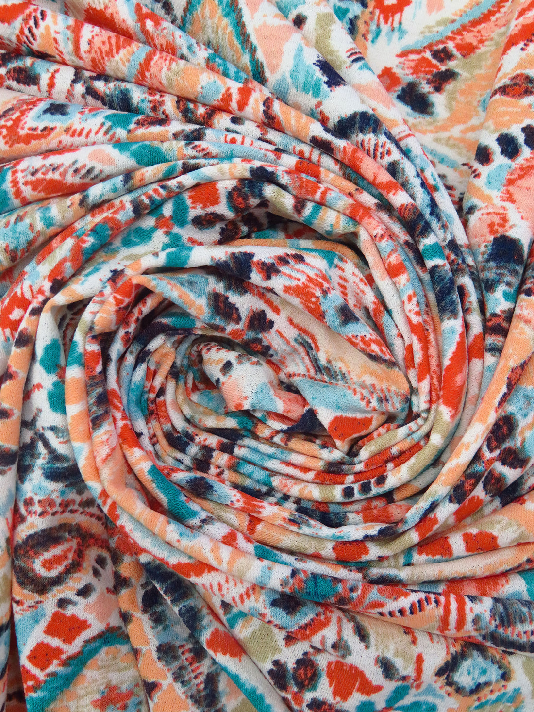 Peach/Aqua/Coral/Multi Polyester/Lycra Artistic Paisley Print Crepe Knit 58W