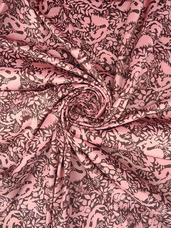 New York Pink/Coffee Brown Cotton/Lycra Floral Wildlife Silhouette Print Stretch Corduroy - NY Designer - 52W