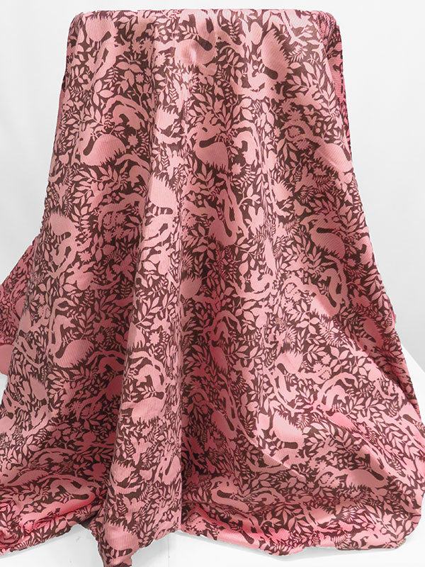 New York Pink/Coffee Brown Cotton/Lycra Floral Wildlife Silhouette Print Stretch Corduroy - NY Designer - 52W