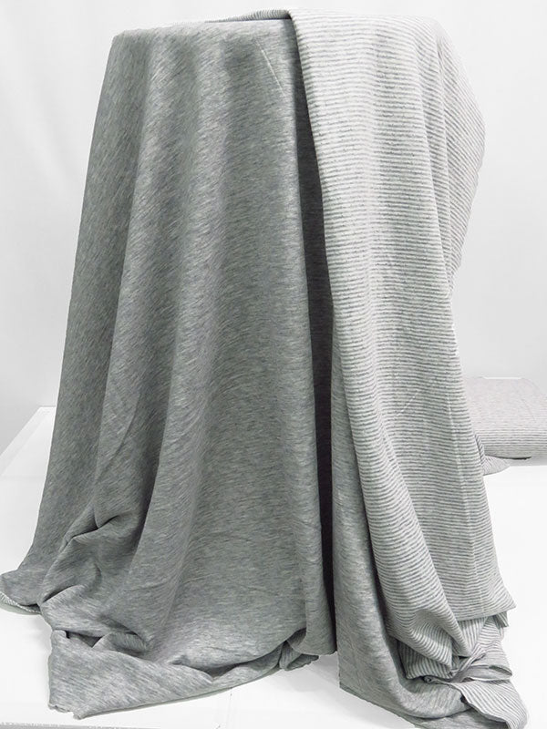 Light Heathered Gray/White Rayon/Polyester Horizontal Stripe Double Faced Jersey Knit 56W