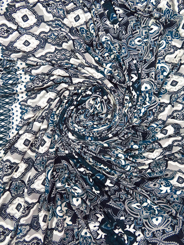 Prussian/Midnight Blue/Light Gray Polyester/Lycra Double Border Ornate Puffed Print ITY Knit 56W