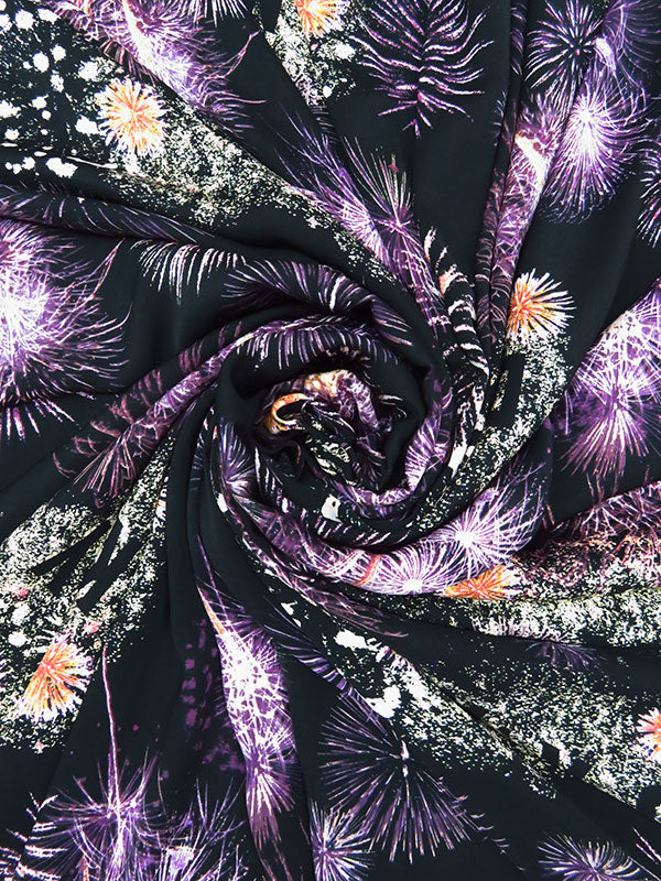 Black/Rich Plum/Dairy Cream 100% Polyester Firework Print Washed Charmeuse 50W