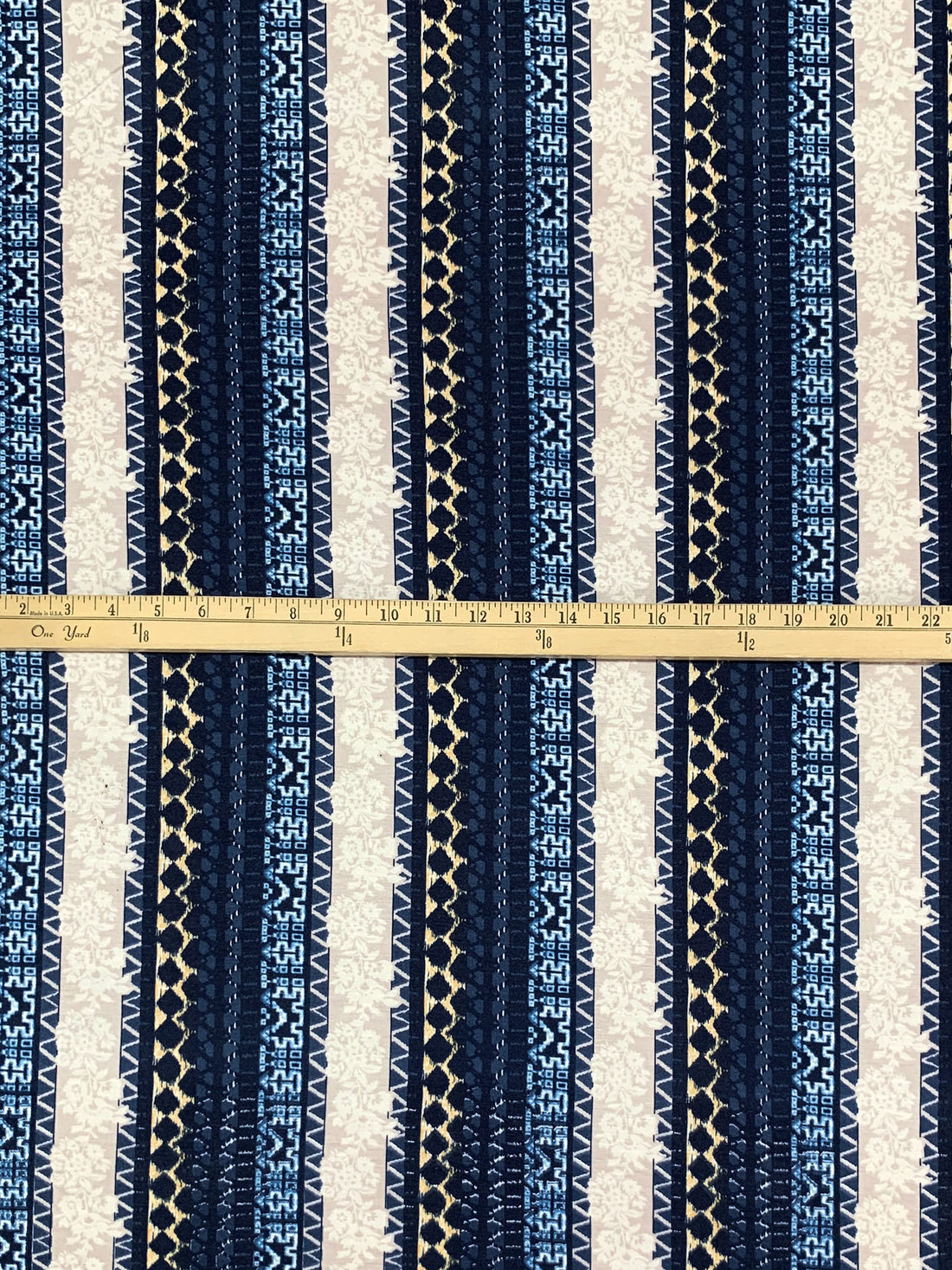 Deep Navy/Pale Goldenrod/Multi Polyester/Lycra Vertical Multi-Stripe Print Double Brushed Knit 59W