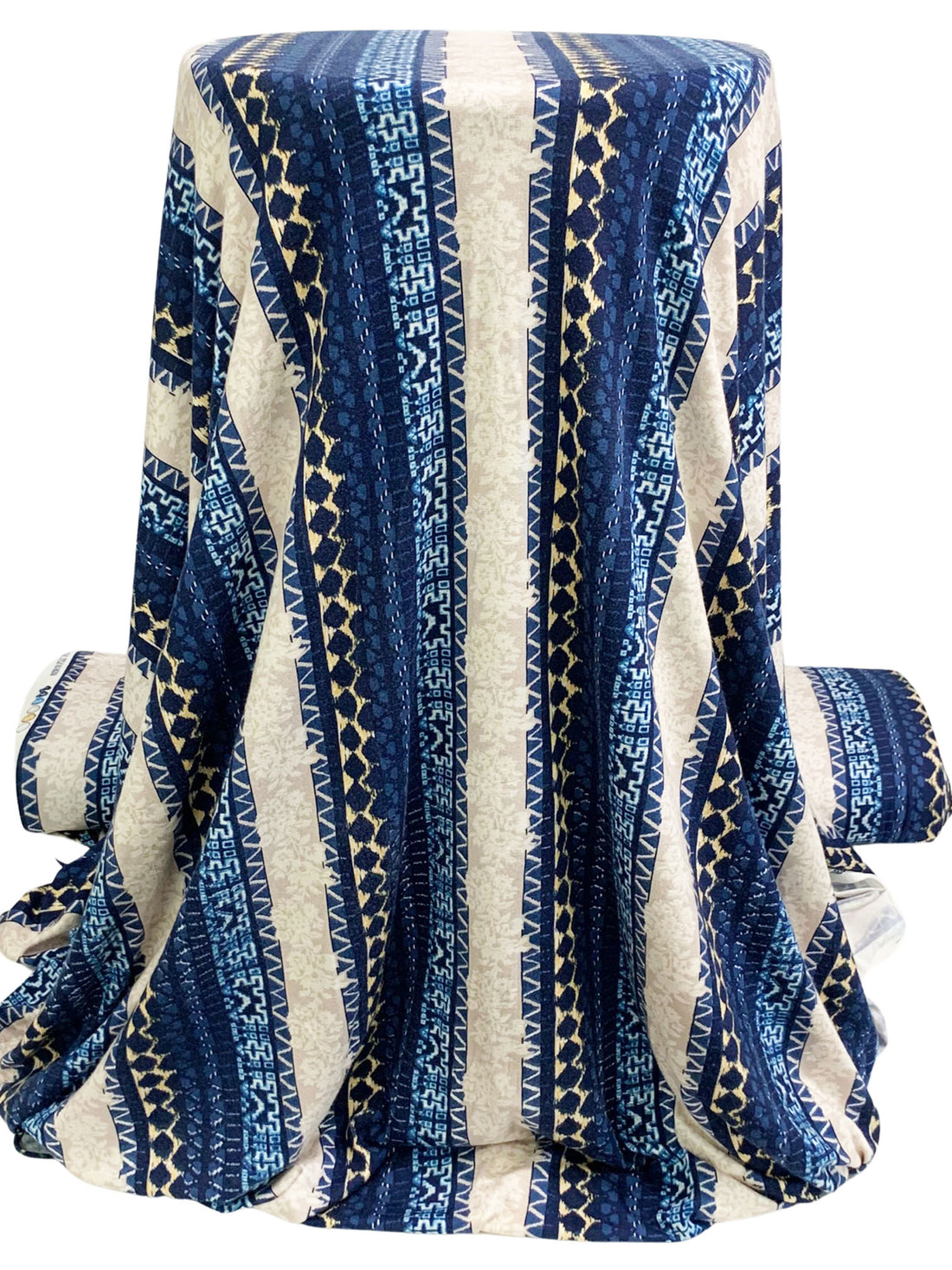 Deep Navy/Pale Goldenrod/Multi Polyester/Lycra Vertical Multi-Stripe Print Double Brushed Knit 59W
