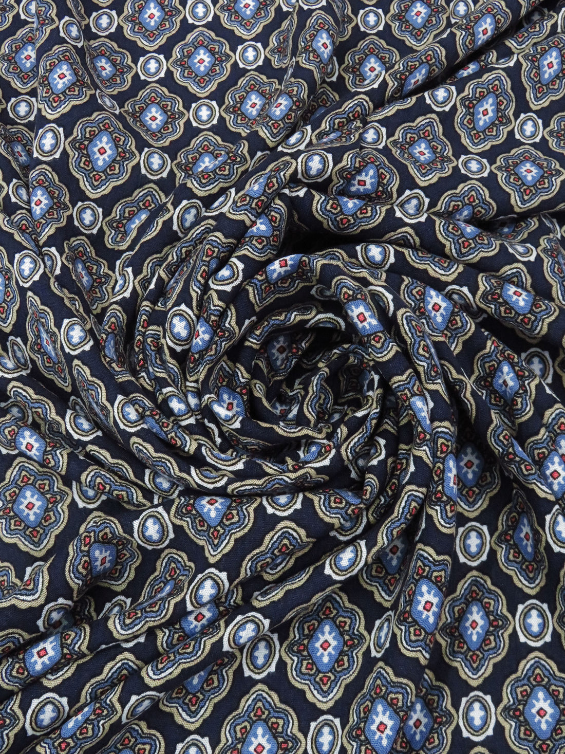 Navy/Taupe/White/Coral 100% Rayon Medallion Print Crinkle Challis 52W