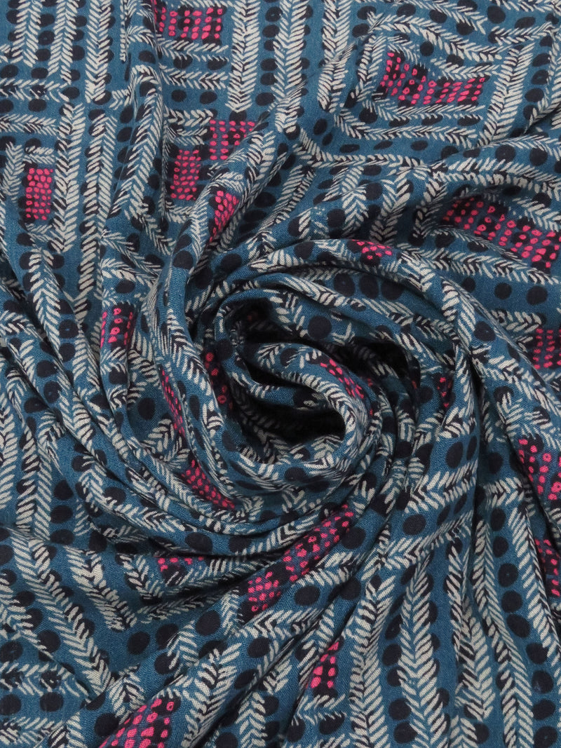 Ocean Blue/Hot Pink/Oat/Multi 100% Rayon Abstract Block Print Crinkle Challis 54W