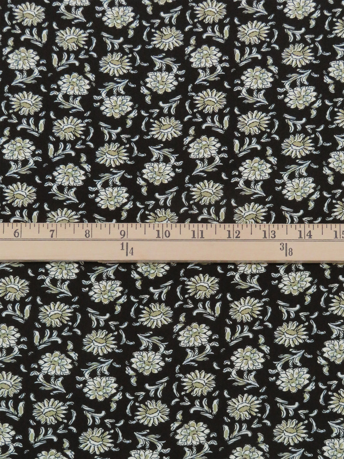 Black/Cream/Gold Taupe/Irish Green 100% Rayon Floral Block Print Crepe - NY Designer - 56W