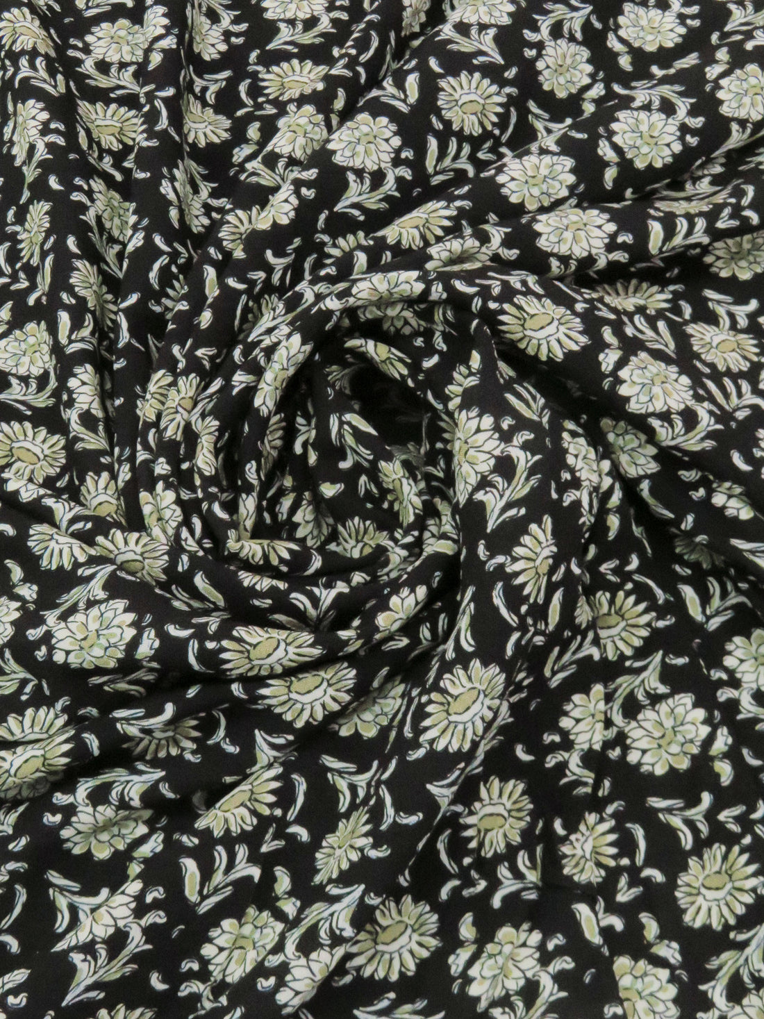 Black/Cream/Gold Taupe/Irish Green 100% Rayon Floral Block Print Crepe - NY Designer - 56W