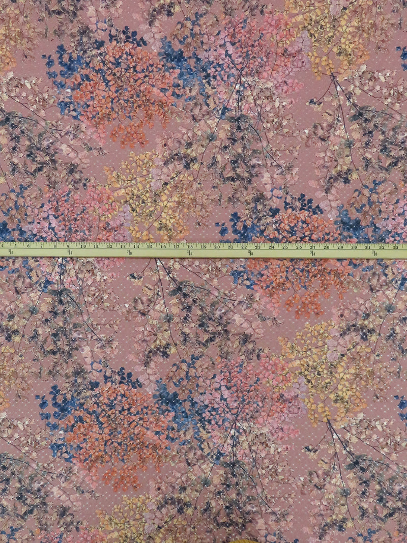 Pale Mauve Pink/Denim Blue/Tiger Orange/Multi Polyester/Lycra Foliage Stems Print On Eyelet Knit 54W