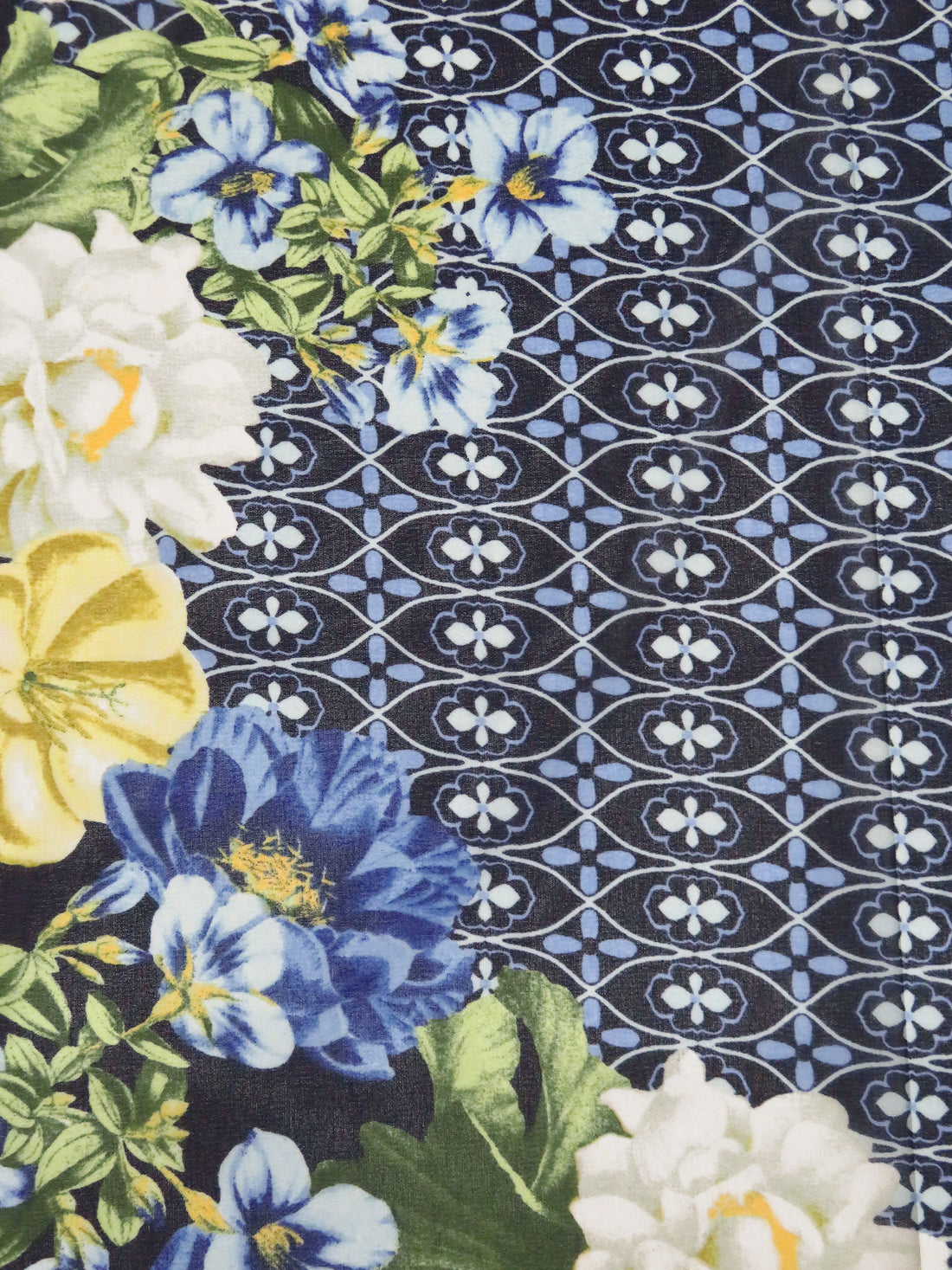 Midnight Blue/Pale Yellow/Fern Green/Multi 100% Polyester Floral Double Border Ornate Print Chiffon 58W
