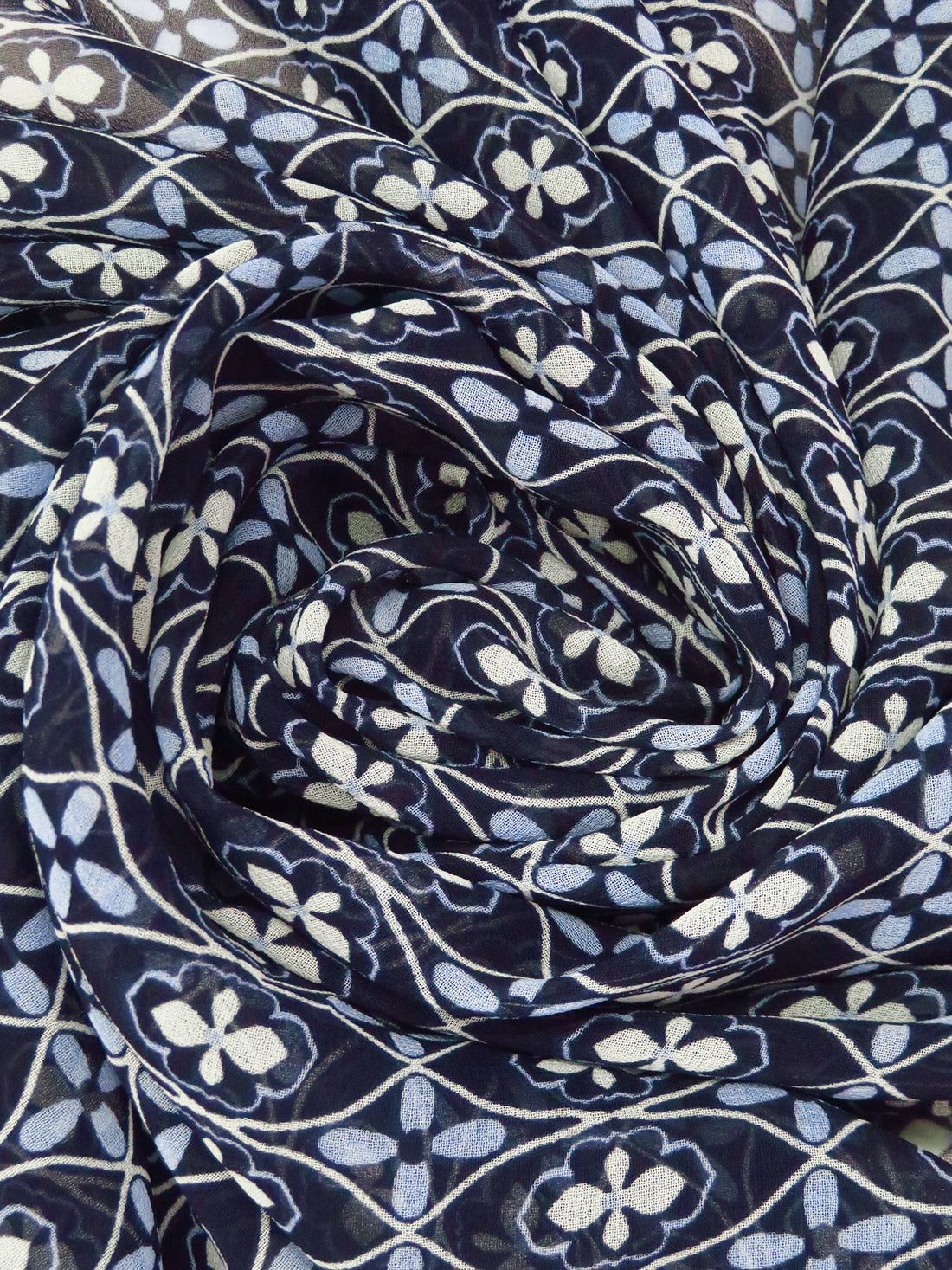 Midnight Blue/Pale Yellow/Fern Green/Multi 100% Polyester Floral Double Border Ornate Print Chiffon 58W