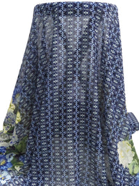 Midnight Blue/Pale Yellow/Fern Green/Multi 100% Polyester Floral Double Border Ornate Print Chiffon 58W