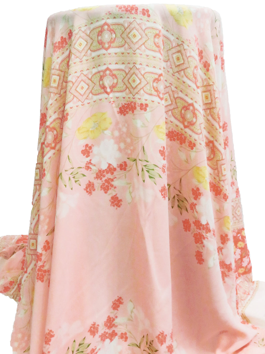 Pale Pink/Peach Yellow/White/Multi 100% Polyester Single Border Floral Framework Print Crepe Blouse Weight Woven 58W