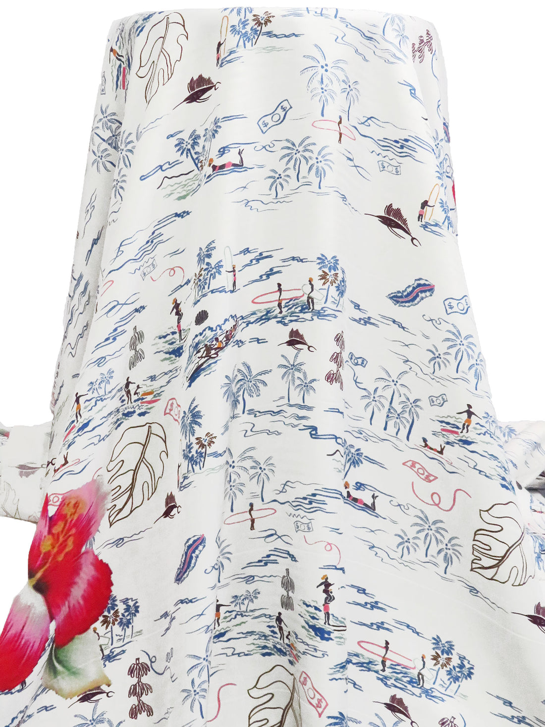 White/Dark Cornflower/Carmine/Multi 100% Silk Tropical Floral On Beach Scene Print Twill - Ralph Lauren - 44W