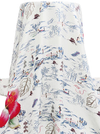 White/Dark Cornflower/Carmine/Multi 100% Silk Tropical Floral On Beach Scene Print Twill - Ralph Lauren - 44W