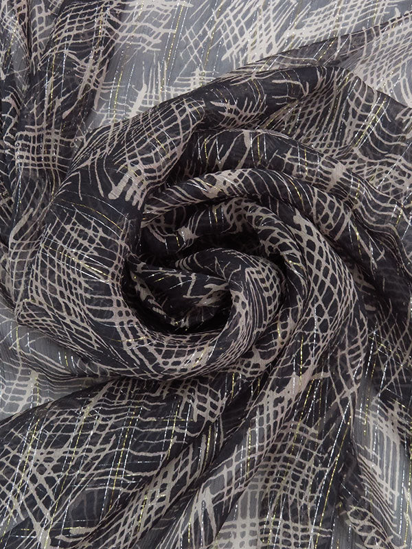 Black/Taupe/Silver/Gold Silk/Lurex Crosshatch Print On Vertical Metallic Stripe Weave Crinkle Chiffon - NY Designer - 54W