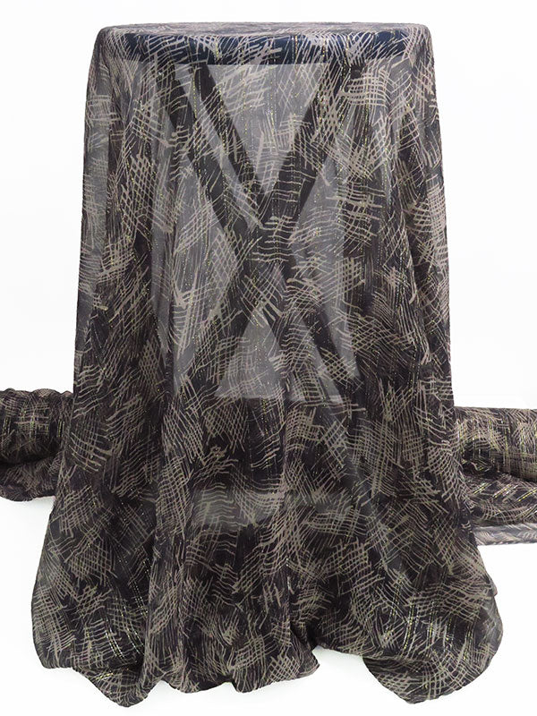 Black/Taupe/Silver/Gold Silk/Lurex Crosshatch Print On Vertical Metallic Stripe Weave Crinkle Chiffon - NY Designer - 54W