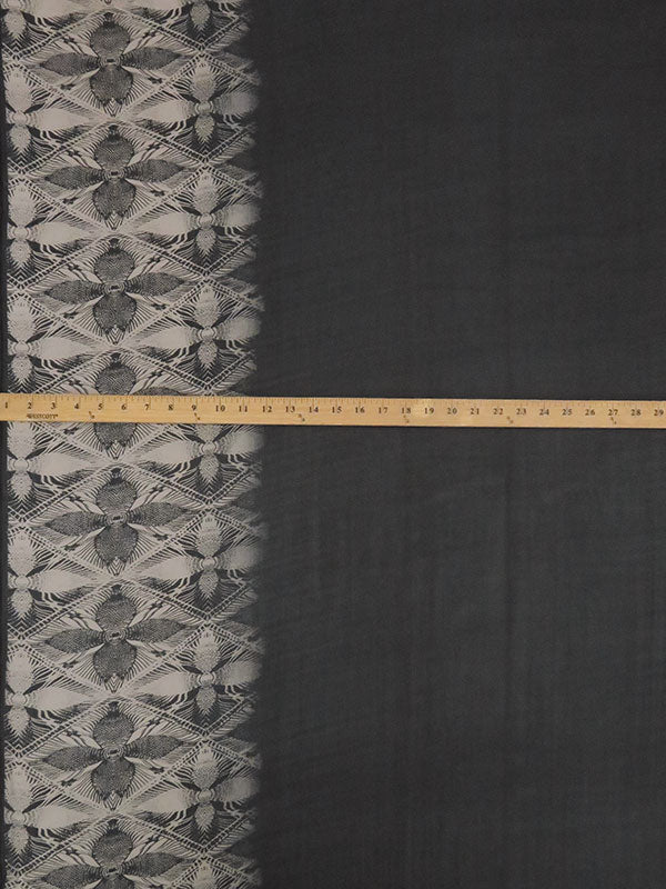 Black/Desert Tan 100% Silk Single Border Floral Print Check Weave Chiffon - NY Designer - 57W