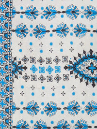 Coconut White/Olympic Blue/Black 100% Silk Double Border Floral Folk Print Chiffon - Nanette Lepore - 53W