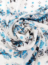 Coconut White/Olympic Blue/Black 100% Silk Double Border Floral Folk Print Chiffon - Nanette Lepore - 53W