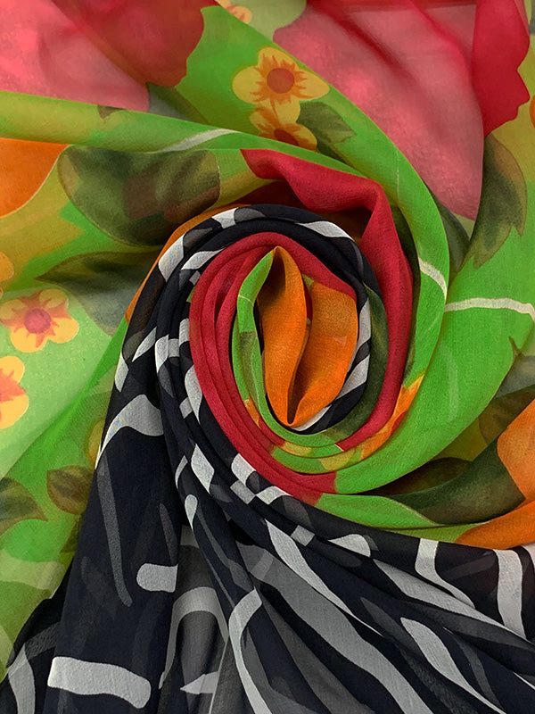 SOLD BY THE PANEL ONLY - Green/Rose/Black/Carrot Spice 100% Silk Large Floral Print Chiffon - NY Designer - 42W