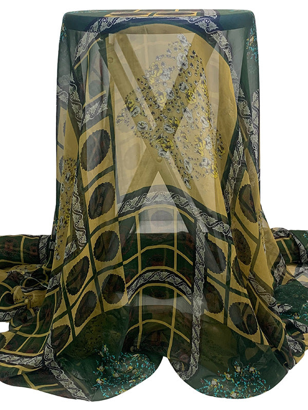 Dark Hunter Green/Antique Gold 100% Silk Ornate Framework Print Chiffon 50W