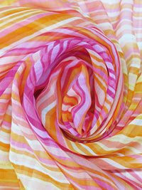 Hot Pink/Orange/White/Multi 100% Silk Horizontal Stripe Print Chiffon - Ralph Lauren - 44W