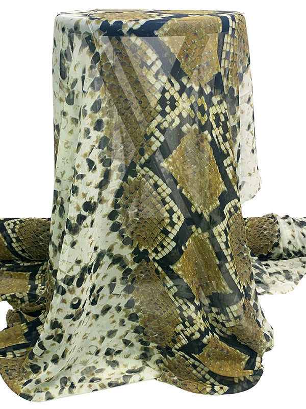 Olive Brown/Off-White/Black 100% Silk Large Snakeskin-Look Print Crepe Chiffon 42W