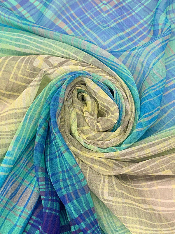 Royal Blue/Lemon/Aqua Green/Taupe 100% Silk Large Overlapping Diamond Print Crepe Chiffon 52W