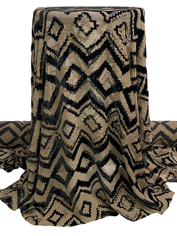 Dusky Brown/Black Rayon/Silk Horizontal Jagged Diamond Burnout Velvet Chiffon 41W