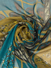 Deep Sea Blue/Antique Gold 100% Silk Ornate Framework Print Chiffon 54W